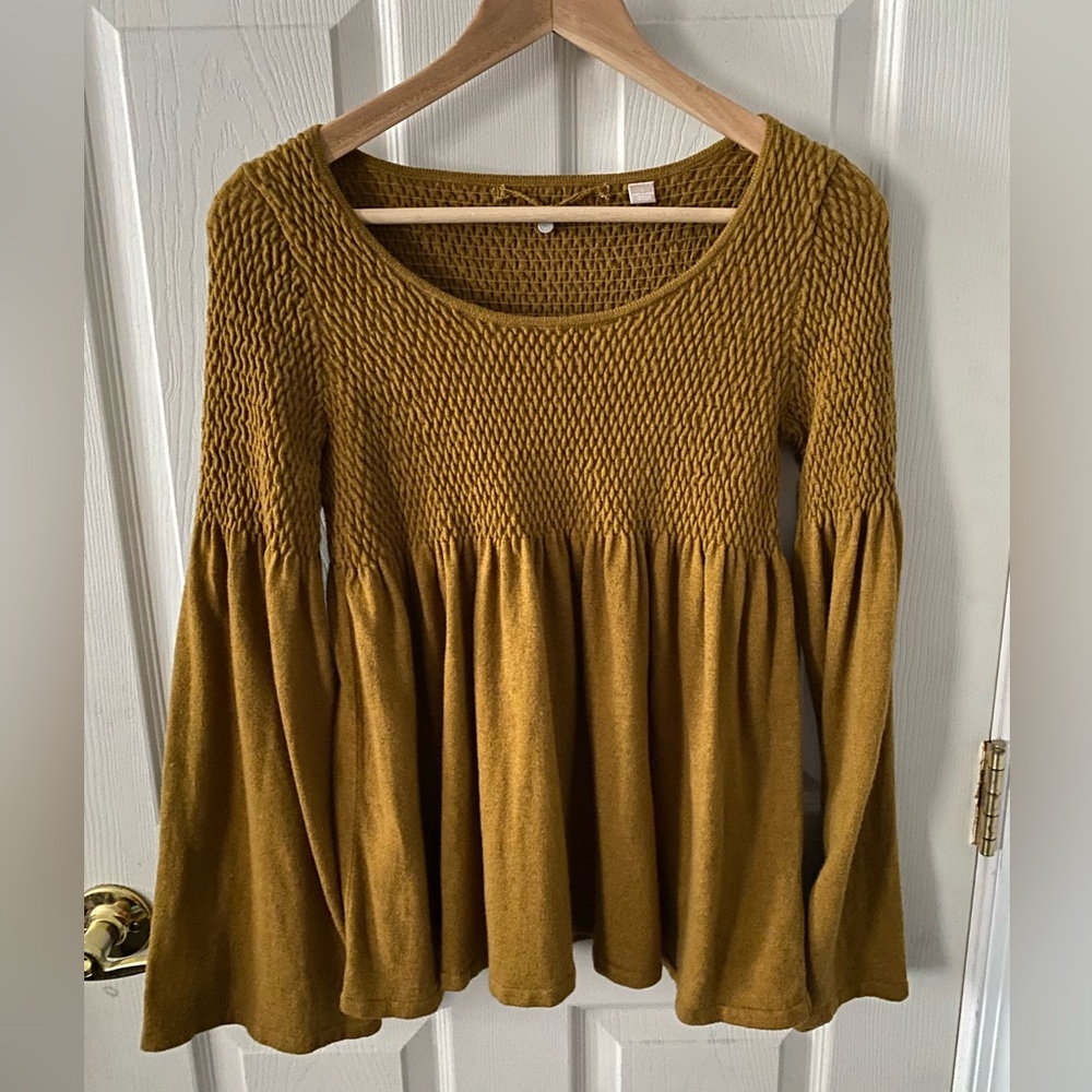 Anthropologie Knitted and Knotted Pullover Smocked Sweater Flare Sleeves Small